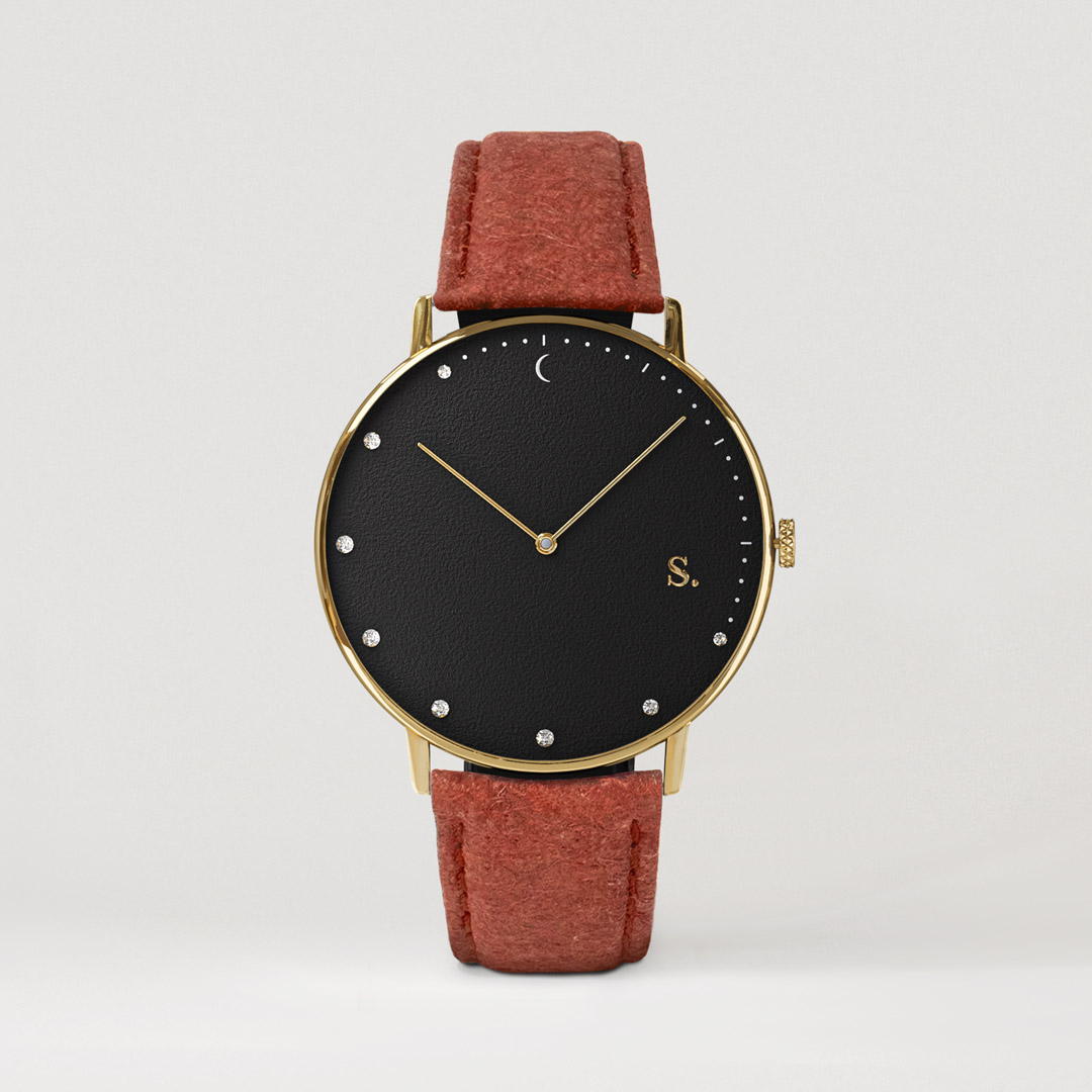 Black watches with red pineapple strap